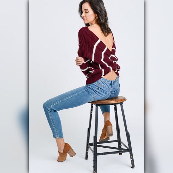 A261 • Stripe Dolman Sleeve Twist Back Knit Sweater Top - Picture 5 of 7